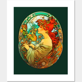 Art Nouveau Red-haired Woman Alphonse Mucha Inspired Posters and Art